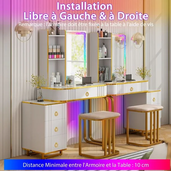 Ensemble de Coiffeuse avec Miroir Lumières et 4 Tiroirs 7 Lumières LED RVB Dynamiques et 7 Statiques à Intensité Variable pour Chambre Blanc/Noir