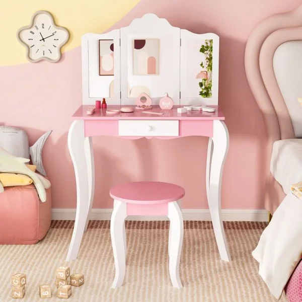 Ensemble de Coiffeuse et Tabouret pour Enfants de 3 à 7 Ans avec Miroir Acrylique Pliable en 3 Parties Tiroir et Accessoires Blanc