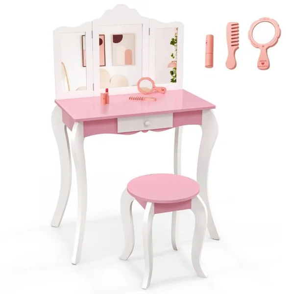 Ensemble de Coiffeuse et Tabouret pour Enfants de 3 à 7 Ans avec Miroir Acrylique Pliable en 3 Parties Tiroir et Accessoires Blanc