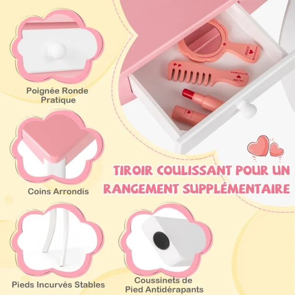 Ensemble de Coiffeuse et Tabouret pour Enfants de 3 à 7 Ans avec Miroir Acrylique Pliable en 3 Parties Tiroir et Accessoires Blanc