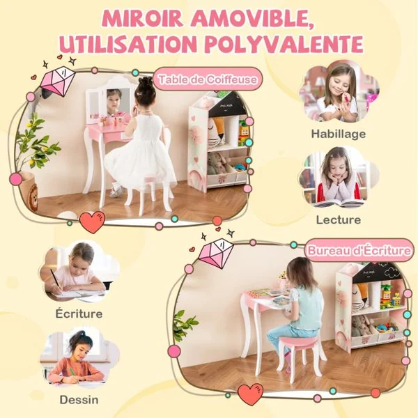 Ensemble de Coiffeuse et Tabouret pour Enfants de 3 à 7 Ans avec Miroir Acrylique Pliable en 3 Parties Tiroir et Accessoires Blanc