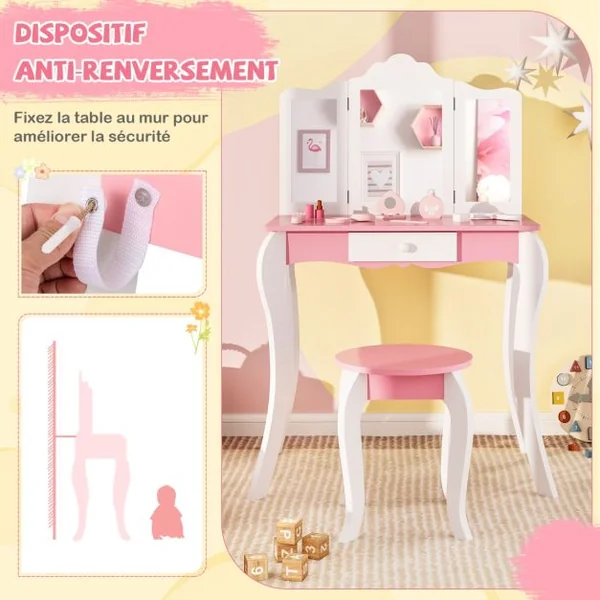 Ensemble de Coiffeuse et Tabouret pour Enfants de 3 à 7 Ans avec Miroir Acrylique Pliable en 3 Parties Tiroir et Accessoires Blanc