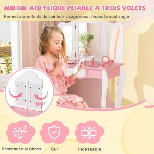 Ensemble de Coiffeuse et Tabouret pour Enfants de 3 à 7 Ans avec Miroir Acrylique Pliable en 3 Parties Tiroir et Accessoires Blanc