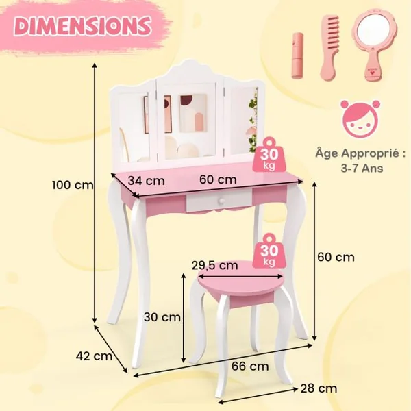 Ensemble de Coiffeuse et Tabouret pour Enfants de 3 à 7 Ans avec Miroir Acrylique Pliable en 3 Parties Tiroir et Accessoires Blanc