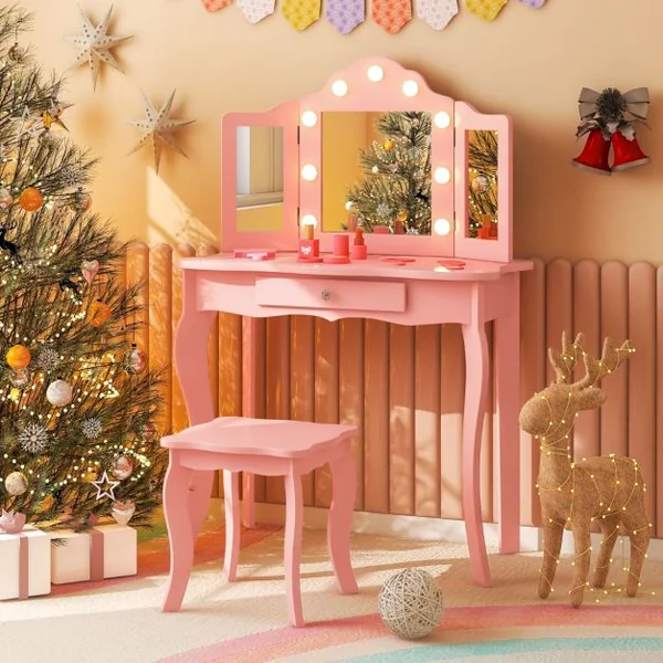 Ensemble de Coiffeuse et Tabouret pour Enfants Maquillage 2 en 1 avec Miroir Pliant en Verre Véritable et Tiroir Ensemble de Coiffeuse Blanc/Rose