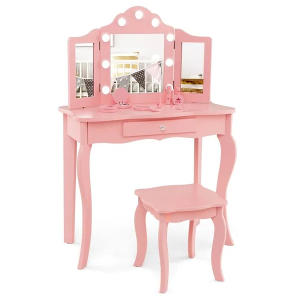 Ensemble de Coiffeuse et Tabouret pour Enfants Maquillage 2 en 1 avec Miroir Pliant en Verre Véritable et Tiroir Ensemble de Coiffeuse Blanc/Rose