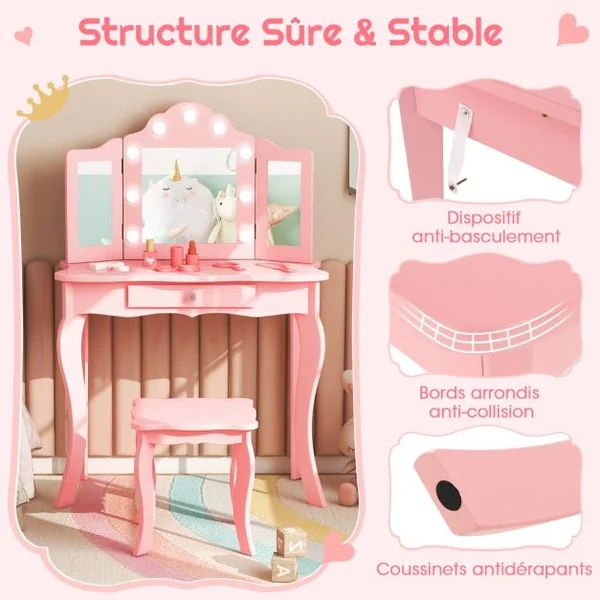 Ensemble de Coiffeuse et Tabouret pour Enfants Maquillage 2 en 1 avec Miroir Pliant en Verre Véritable et Tiroir Ensemble de Coiffeuse Blanc/Rose