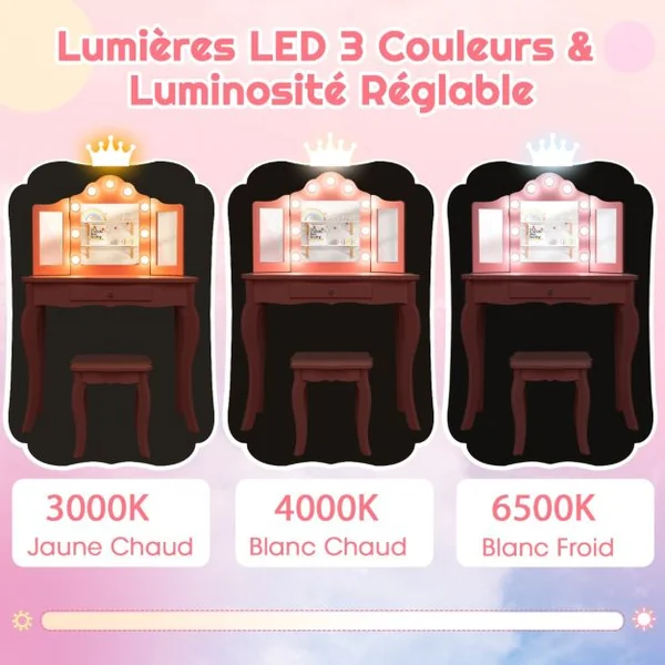 Ensemble de Coiffeuse et Tabouret pour Enfants Maquillage 2 en 1 avec Miroir Pliant en Verre Véritable et Tiroir Ensemble de Coiffeuse Blanc/Rose