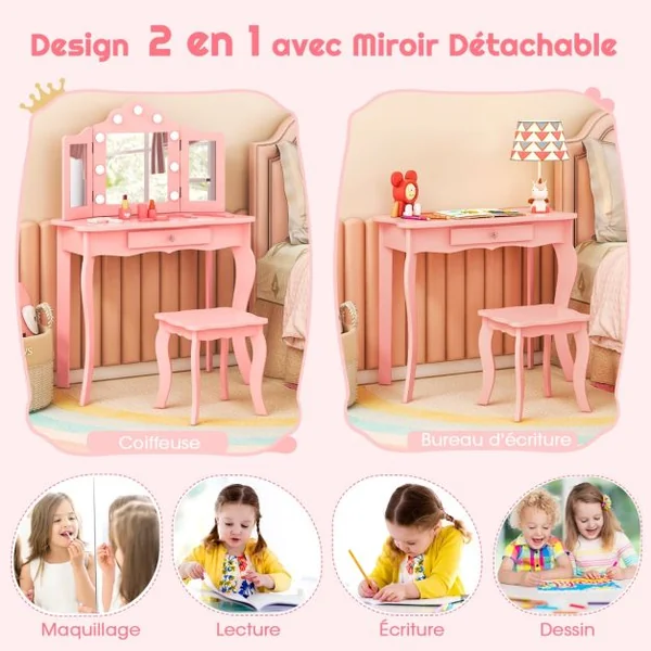 Ensemble de Coiffeuse et Tabouret pour Enfants Maquillage 2 en 1 avec Miroir Pliant en Verre Véritable et Tiroir Ensemble de Coiffeuse Blanc/Rose