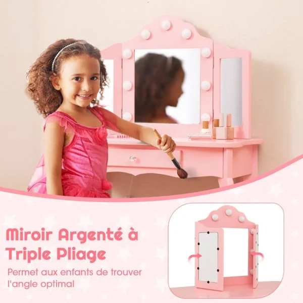 Ensemble de Coiffeuse et Tabouret pour Enfants Maquillage 2 en 1 avec Miroir Pliant en Verre Véritable et Tiroir Ensemble de Coiffeuse Blanc/Rose