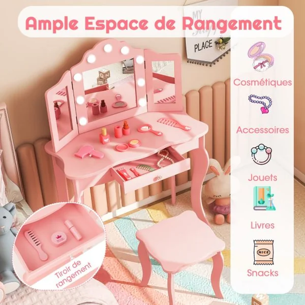 Ensemble de Coiffeuse et Tabouret pour Enfants Maquillage 2 en 1 avec Miroir Pliant en Verre Véritable et Tiroir Ensemble de Coiffeuse Blanc/Rose