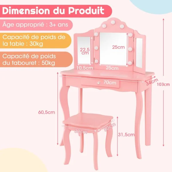 Ensemble de Coiffeuse et Tabouret pour Enfants Maquillage 2 en 1 avec Miroir Pliant en Verre Véritable et Tiroir Ensemble de Coiffeuse Blanc/Rose
