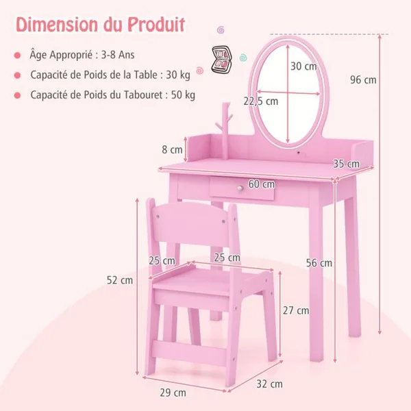 Ensemble de Coiffeuse pour Enfants avec Miroir Éclairé Coiffeuse de Maquillage avec Chaise Éclairage Led Bicolore Organisateur de Blanc/Rose