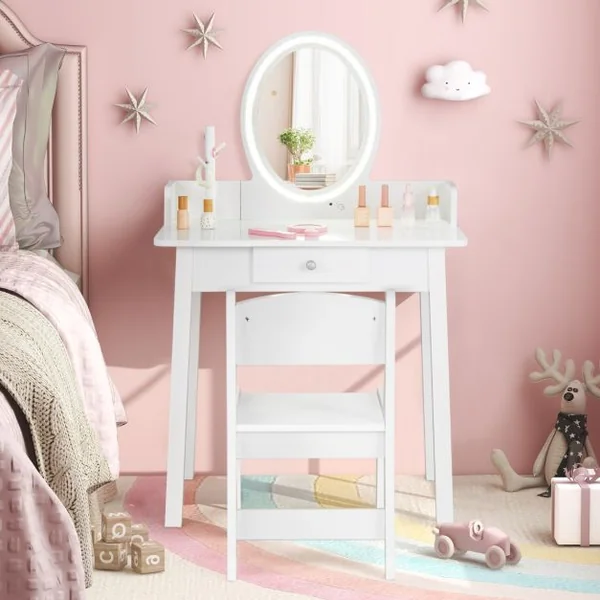 Ensemble de Coiffeuse pour Enfants avec Miroir Éclairé Coiffeuse de Maquillage avec Chaise Éclairage Led Bicolore Organisateur de Blanc/Rose