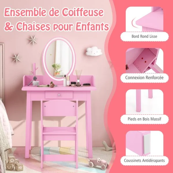 Ensemble de Coiffeuse pour Enfants avec Miroir Éclairé Coiffeuse de Maquillage avec Chaise Éclairage Led Bicolore Organisateur de Blanc/Rose