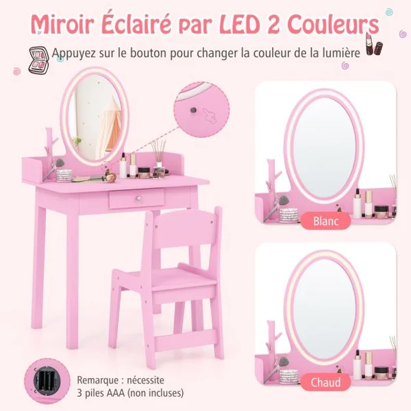Ensemble de Coiffeuse pour Enfants avec Miroir Éclairé Coiffeuse de Maquillage avec Chaise Éclairage Led Bicolore Organisateur de Blanc/Rose