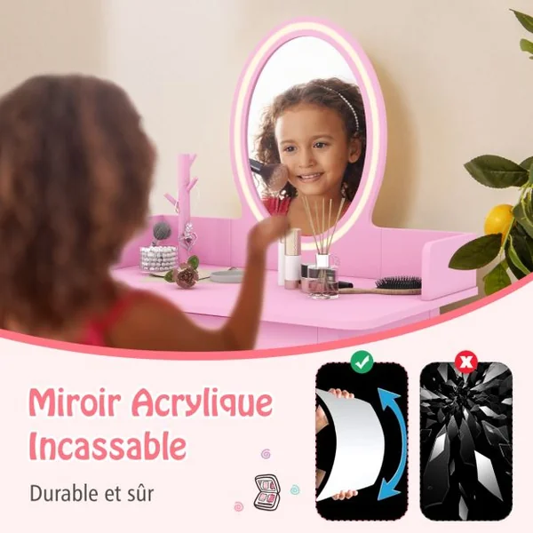 Ensemble de Coiffeuse pour Enfants avec Miroir Éclairé Coiffeuse de Maquillage avec Chaise Éclairage Led Bicolore Organisateur de Blanc/Rose