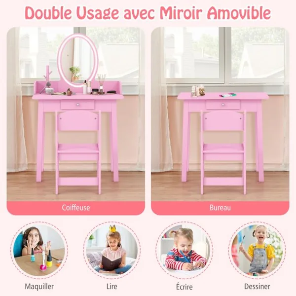 Ensemble de Coiffeuse pour Enfants avec Miroir Éclairé Coiffeuse de Maquillage avec Chaise Éclairage Led Bicolore Organisateur de Blanc/Rose