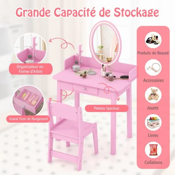 Ensemble de Coiffeuse pour Enfants avec Miroir Éclairé Coiffeuse de Maquillage avec Chaise Éclairage Led Bicolore Organisateur de Blanc/Rose