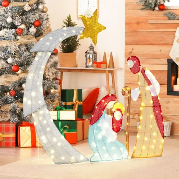 Ensemble de Crèche de Noël de 151CM Scène de Crèche Éclairée avec 140 Lumières LED Blanc Chaud avec Liens et Cônes