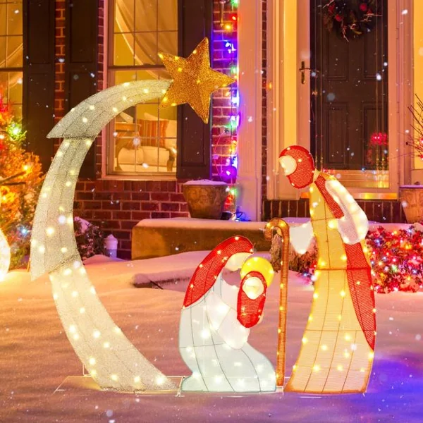 Ensemble de Crèche de Noël de 151CM Scène de Crèche Éclairée avec 140 Lumières LED Blanc Chaud avec Liens et Cônes