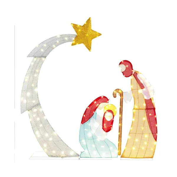 Ensemble de Crèche de Noël de 151CM Scène de Crèche Éclairée avec 140 Lumières LED Blanc Chaud avec Liens et Cônes