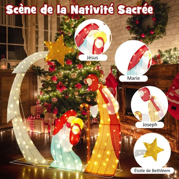 Ensemble de Crèche de Noël de 151CM Scène de Crèche Éclairée avec 140 Lumières LED Blanc Chaud avec Liens et Cônes