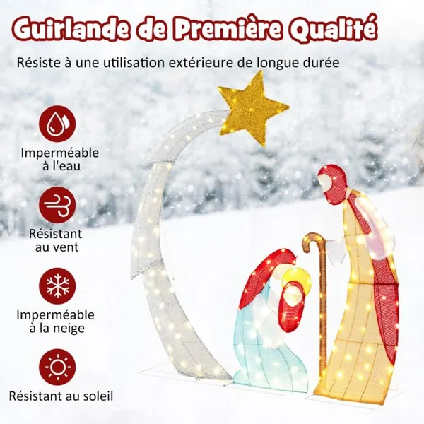 Ensemble de Crèche de Noël de 151CM Scène de Crèche Éclairée avec 140 Lumières LED Blanc Chaud avec Liens et Cônes