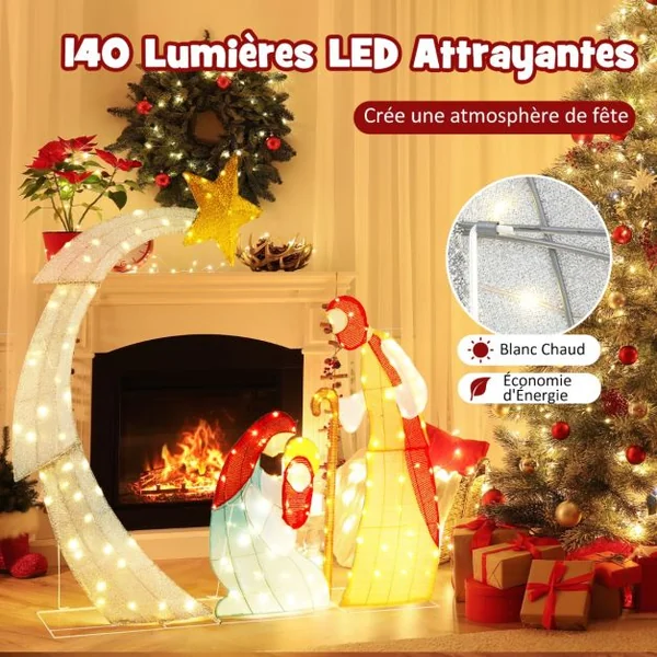 Ensemble de Crèche de Noël de 151CM Scène de Crèche Éclairée avec 140 Lumières LED Blanc Chaud avec Liens et Cônes