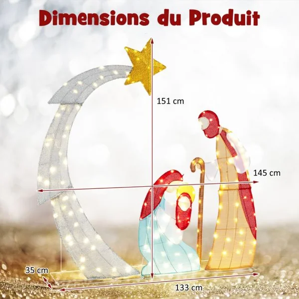 Ensemble de Crèche de Noël de 151CM Scène de Crèche Éclairée avec 140 Lumières LED Blanc Chaud avec Liens et Cônes