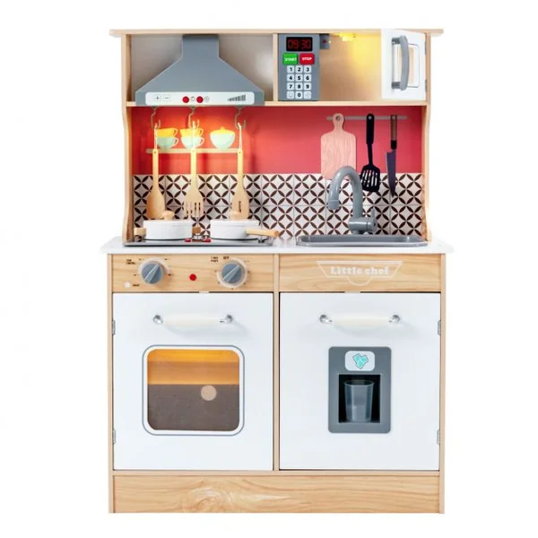 Ensemble de Cuisine en Bois avec Casseroles Ustensiles 3 Blocs de Glaçons Hotte Audio et Lumières pour Enfants de 3 à 7 Ans
