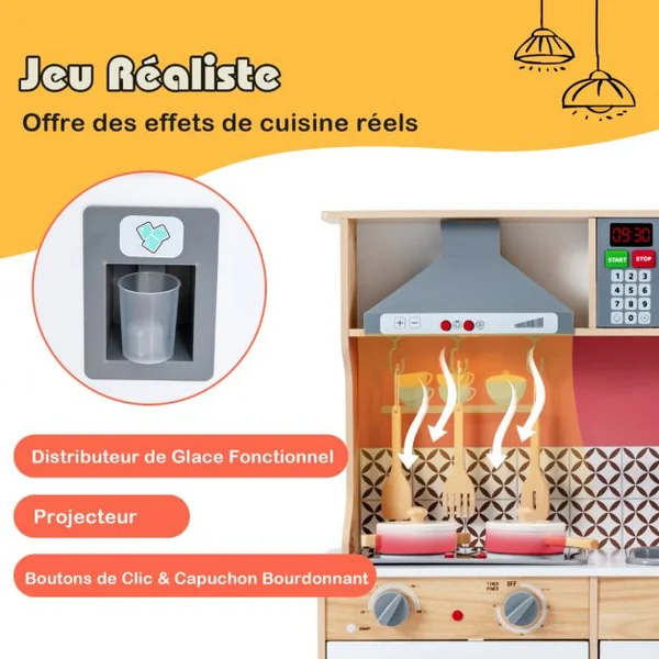 Ensemble de Cuisine en Bois avec Casseroles Ustensiles 3 Blocs de Glaçons Hotte Audio et Lumières pour Enfants de 3 à 7 Ans