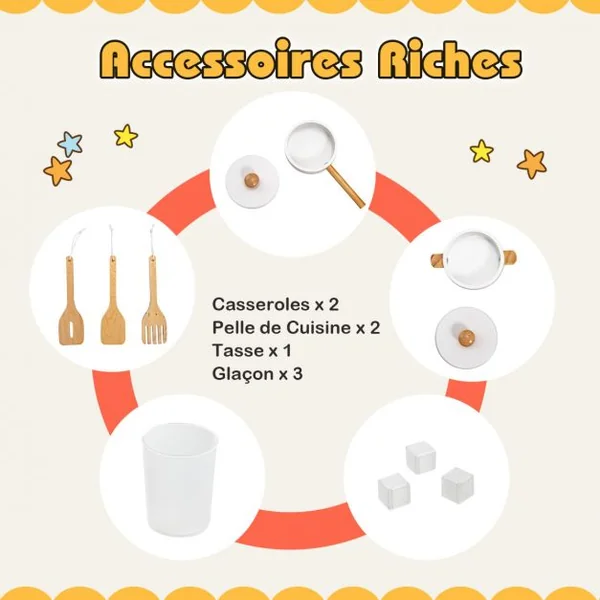 Ensemble de Cuisine en Bois avec Casseroles Ustensiles 3 Blocs de Glaçons Hotte Audio et Lumières pour Enfants de 3 à 7 Ans