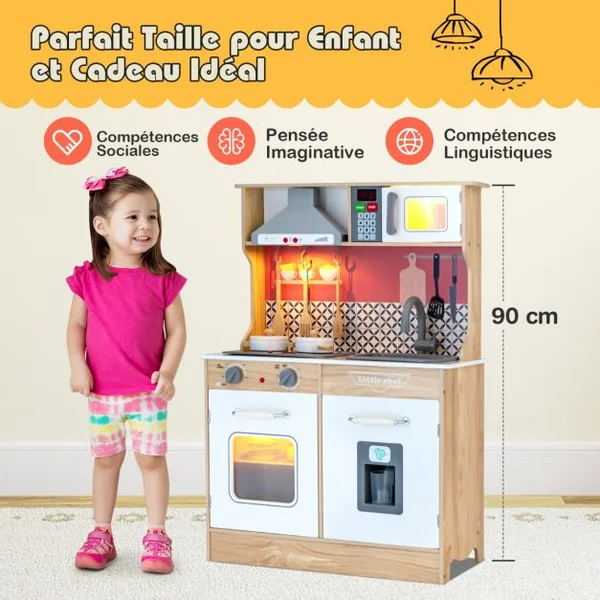 Ensemble de Cuisine en Bois avec Casseroles Ustensiles 3 Blocs de Glaçons Hotte Audio et Lumières pour Enfants de 3 à 7 Ans
