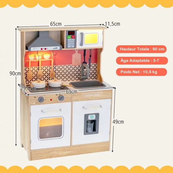 Ensemble de Cuisine en Bois avec Casseroles Ustensiles 3 Blocs de Glaçons Hotte Audio et Lumières pour Enfants de 3 à 7 Ans