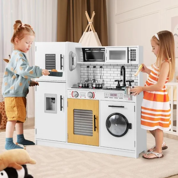 Ensemble de Cuisine pour Enfants avec Four Machine à Laver Micro-ondes Distributeur d'Eau Téléphone Sons et Lumières pour 3 Ans+ Blanc