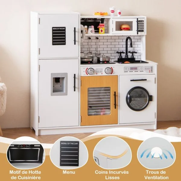 Ensemble de Cuisine pour Enfants avec Four Machine à Laver Micro-ondes Distributeur d'Eau Téléphone Sons et Lumières pour 3 Ans+ Blanc
