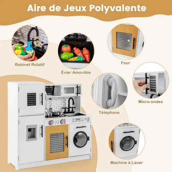 Ensemble de Cuisine pour Enfants avec Four Machine à Laver Micro-ondes Distributeur d'Eau Téléphone Sons et Lumières pour 3 Ans+ Blanc