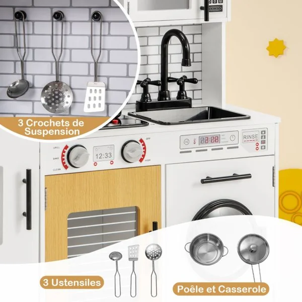 Ensemble de Cuisine pour Enfants avec Four Machine à Laver Micro-ondes Distributeur d'Eau Téléphone Sons et Lumières pour 3 Ans+ Blanc