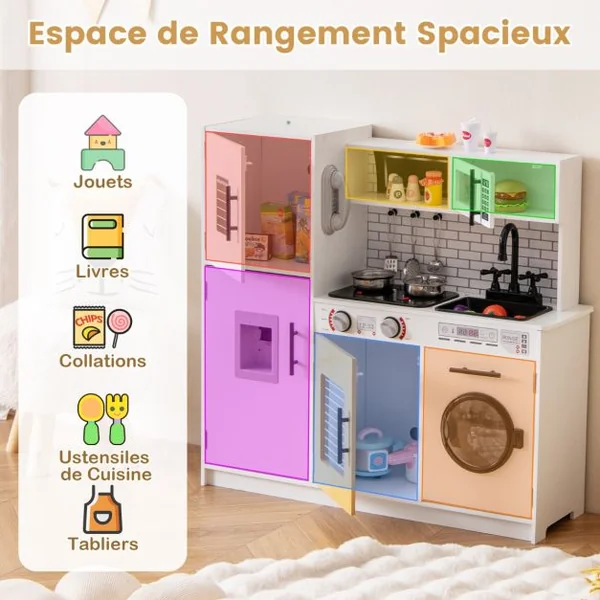 Ensemble de Cuisine pour Enfants avec Four Machine à Laver Micro-ondes Distributeur d'Eau Téléphone Sons et Lumières pour 3 Ans+ Blanc