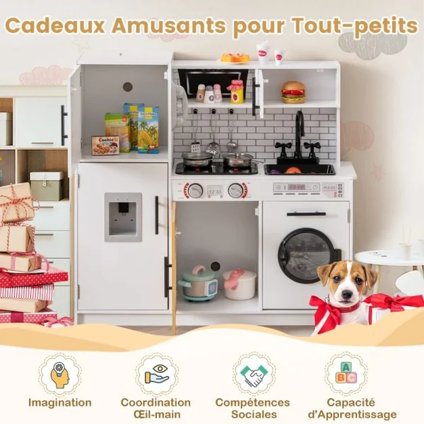 Ensemble de Cuisine pour Enfants avec Four Machine à Laver Micro-ondes Distributeur d'Eau Téléphone Sons et Lumières pour 3 Ans+ Blanc