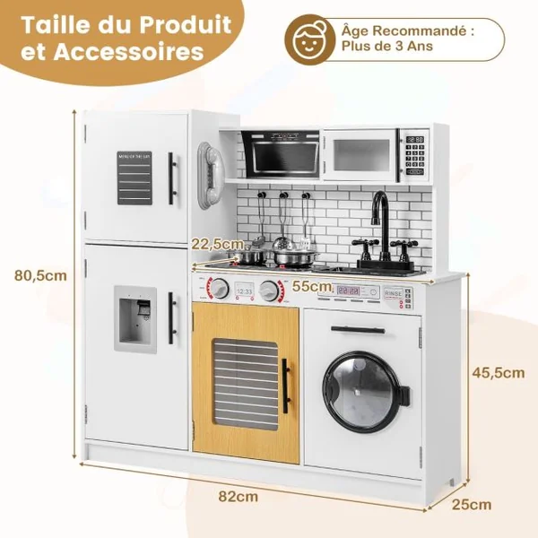Ensemble de Cuisine pour Enfants avec Four Machine à Laver Micro-ondes Distributeur d'Eau Téléphone Sons et Lumières pour 3 Ans+ Blanc