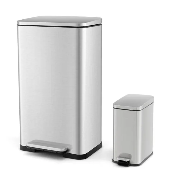 Ensemble de Deux Poubelles à pédale de 40L&6L Poubelles en Acier Inoxydable avec Seaux Intérieurs Détachables Argent