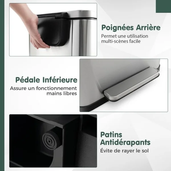 Ensemble de Deux Poubelles à pédale de 40L&6L Poubelles en Acier Inoxydable avec Seaux Intérieurs Détachables Argent