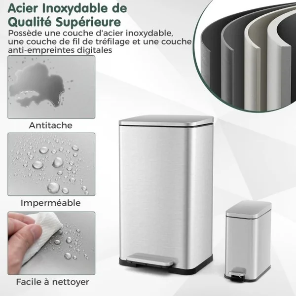 Ensemble de Deux Poubelles à pédale de 40L&6L Poubelles en Acier Inoxydable avec Seaux Intérieurs Détachables Argent