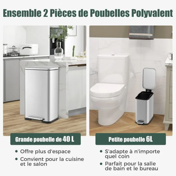Ensemble de Deux Poubelles à pédale de 40L&6L Poubelles en Acier Inoxydable avec Seaux Intérieurs Détachables Argent