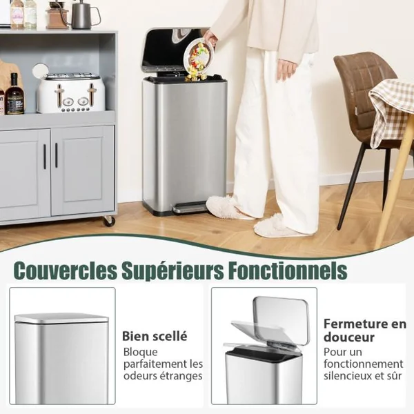 Ensemble de Deux Poubelles à pédale de 40L&6L Poubelles en Acier Inoxydable avec Seaux Intérieurs Détachables Argent