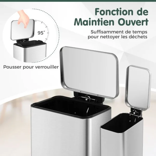 Ensemble de Deux Poubelles à pédale de 40L&6L Poubelles en Acier Inoxydable avec Seaux Intérieurs Détachables Argent