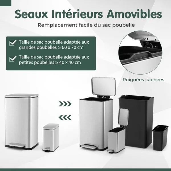 Ensemble de Deux Poubelles à pédale de 40L&6L Poubelles en Acier Inoxydable avec Seaux Intérieurs Détachables Argent