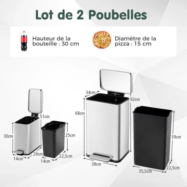 Ensemble de Deux Poubelles à pédale de 40L&6L Poubelles en Acier Inoxydable avec Seaux Intérieurs Détachables Argent
